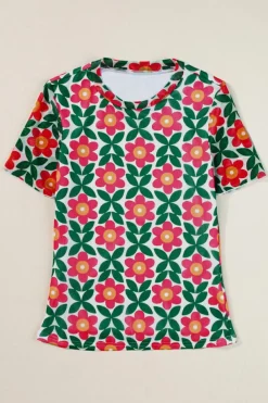 Best Dear-Lover Retro Floral Print Crew Neck T Shirt Fiery Red
