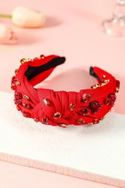 Sale Dear-Lover Rhinestone Heart Glass Drill Studded Knotted Wide Headband Fiery Red