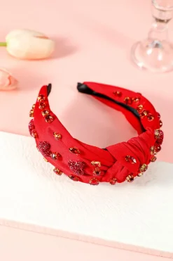 Sale Dear-Lover Rhinestone Heart Glass Drill Studded Knotted Wide Headband Fiery Red