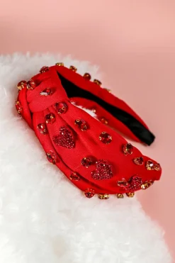 Sale Dear-Lover Rhinestone Heart Glass Drill Studded Knotted Wide Headband Fiery Red