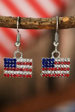 Clearance Dear-Lover Rhinestone USA Flag Squared Drop Earrings Fiery Red