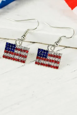 Clearance Dear-Lover Rhinestone USA Flag Squared Drop Earrings Fiery Red