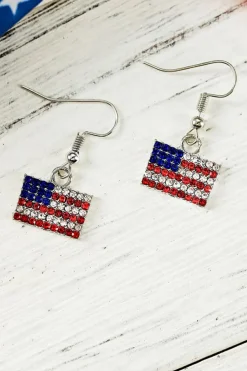 Clearance Dear-Lover Rhinestone USA Flag Squared Drop Earrings Fiery Red