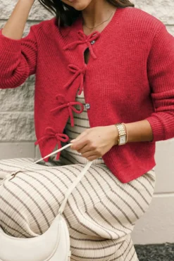 New Dear-Lover Ribbed Knit Bow Front Buttoned Cardigan Fiery Red