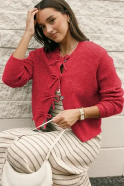 New Dear-Lover Ribbed Knit Bow Front Buttoned Cardigan Fiery Red