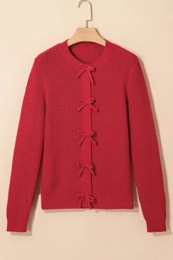 New Dear-Lover Ribbed Knit Bow Front Buttoned Cardigan Fiery Red
