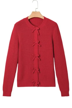 New Dear-Lover Ribbed Knit Bow Front Buttoned Cardigan Fiery Red