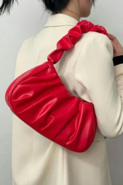 Fashion Dear-Lover Ruched Faux Leather Shoulder Bag Fiery Red
