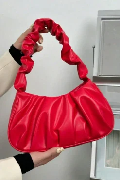 Fashion Dear-Lover Ruched Faux Leather Shoulder Bag Fiery Red