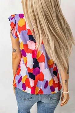 Clearance Dear-Lover Ruffle Cap Sleeve Frill Mock Neck Printed Top Fiery Red