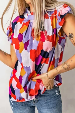 Clearance Dear-Lover Ruffle Cap Sleeve Frill Mock Neck Printed Top Fiery Red