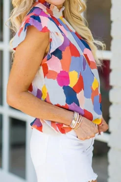 Clearance Dear-Lover Ruffle Cap Sleeve Frill Mock Neck Printed Top Fiery Red