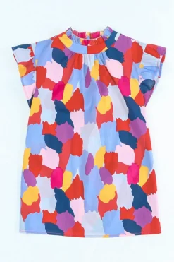 Clearance Dear-Lover Ruffle Cap Sleeve Frill Mock Neck Printed Top Fiery Red