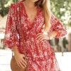Sale Dear-Lover Ruffle Detailing Open Back Floral Dress Fiery Red