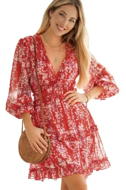 Sale Dear-Lover Ruffle Detailing Open Back Floral Dress Fiery Red