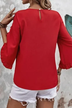 Discount Dear-Lover Ruffle Trimmed 3/4 Sleeve Round Neck Blouse Fiery Red