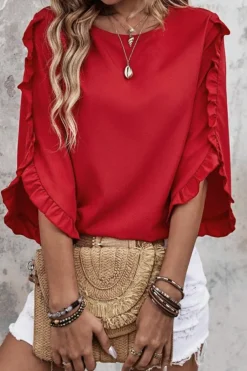 Discount Dear-Lover Ruffle Trimmed 3/4 Sleeve Round Neck Blouse Fiery Red