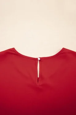 Discount Dear-Lover Ruffle Trimmed 3/4 Sleeve Round Neck Blouse Fiery Red