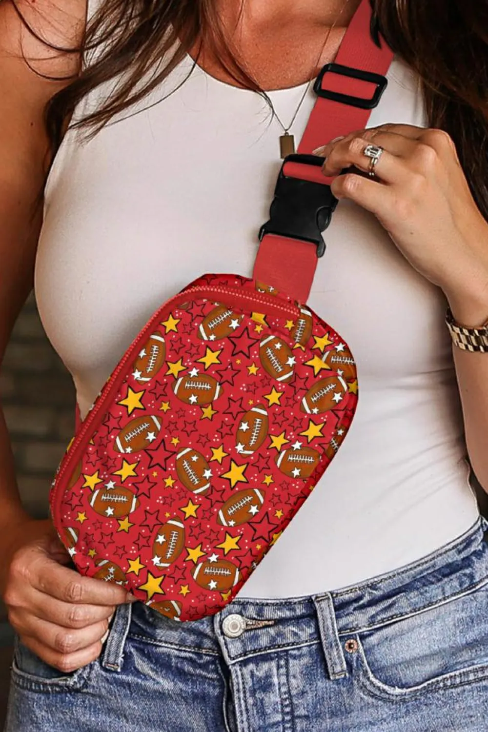 Outlet Dear-Lover Rugby Football Star Printed Buckle Strap Crossbody Bag Fiery Red