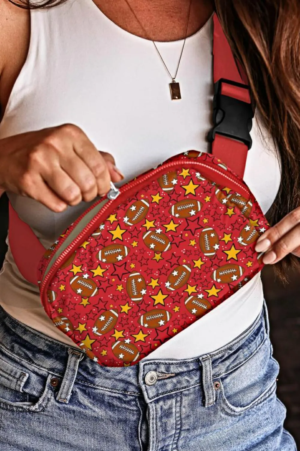 Outlet Dear-Lover Rugby Football Star Printed Buckle Strap Crossbody Bag Fiery Red