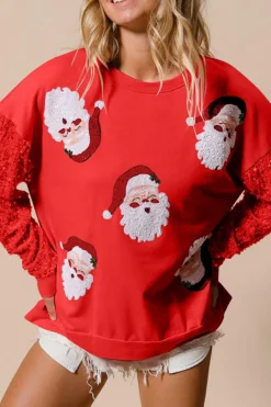 Best Dear-Lover Sequined Santa Claus Long Sleeve Christmas Sweatshirt Fiery Red