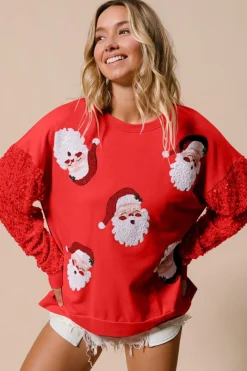 Best Dear-Lover Sequined Santa Claus Long Sleeve Christmas Sweatshirt Fiery Red