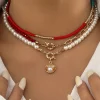 Discount Dear-Lover Shell Pendant Pearl Beaded Adjustable Layered Necklace Fiery Red