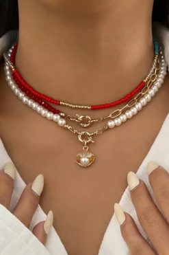 Discount Dear-Lover Shell Pendant Pearl Beaded Adjustable Layered Necklace Fiery Red