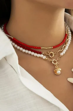 Discount Dear-Lover Shell Pendant Pearl Beaded Adjustable Layered Necklace Fiery Red
