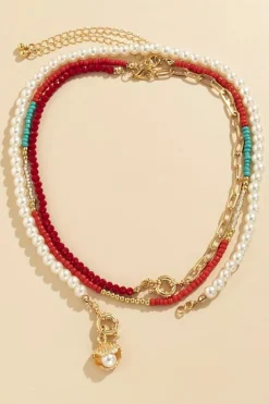 Discount Dear-Lover Shell Pendant Pearl Beaded Adjustable Layered Necklace Fiery Red