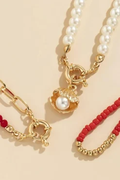 Discount Dear-Lover Shell Pendant Pearl Beaded Adjustable Layered Necklace Fiery Red