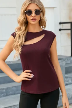 Sale Dear-Lover Slash Cutout Cap Sleeve T Shirt Fiery Red