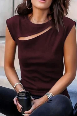 Sale Dear-Lover Slash Cutout Cap Sleeve T Shirt Fiery Red