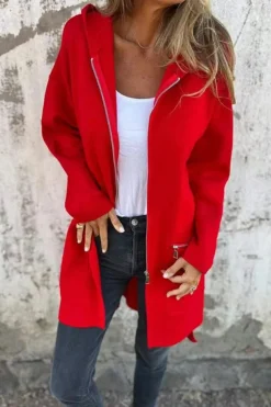 Fashion Dear-Lover Solid Color Casual Zip up Hooded Coat Fiery Red