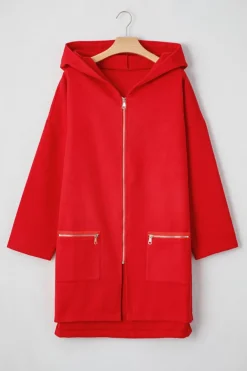 Fashion Dear-Lover Solid Color Casual Zip up Hooded Coat Fiery Red