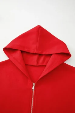 Fashion Dear-Lover Solid Color Casual Zip up Hooded Coat Fiery Red