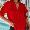Fashion Dear-Lover Solid Color Half Sleeve V Neck Blouse Fiery Red