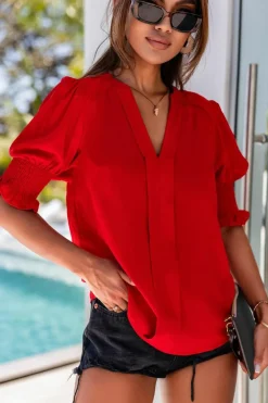 Fashion Dear-Lover Solid Color Half Sleeve V Neck Blouse Fiery Red