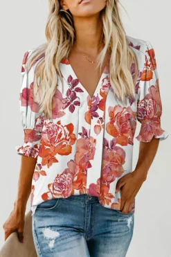 Fashion Dear-Lover Fiery Red Solid Color Half Sleeve V Neck Blouse Red-2