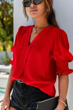Fashion Dear-Lover Solid Color Half Sleeve V Neck Blouse Fiery Red