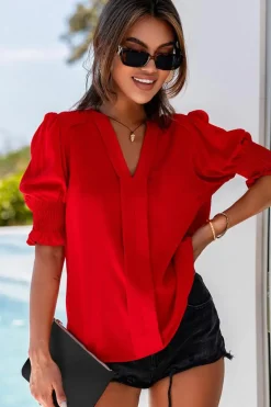 Fashion Dear-Lover Solid Color Half Sleeve V Neck Blouse Fiery Red