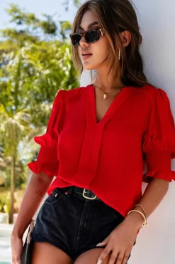 Fashion Dear-Lover Solid Color Half Sleeve V Neck Blouse Fiery Red