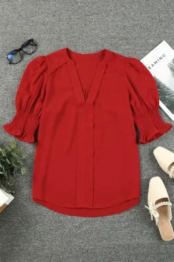 Fashion Dear-Lover Solid Color Half Sleeve V Neck Blouse Fiery Red