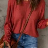 Hot Dear-Lover Solid Color Patchwork Long Sleeve Top Fiery Red