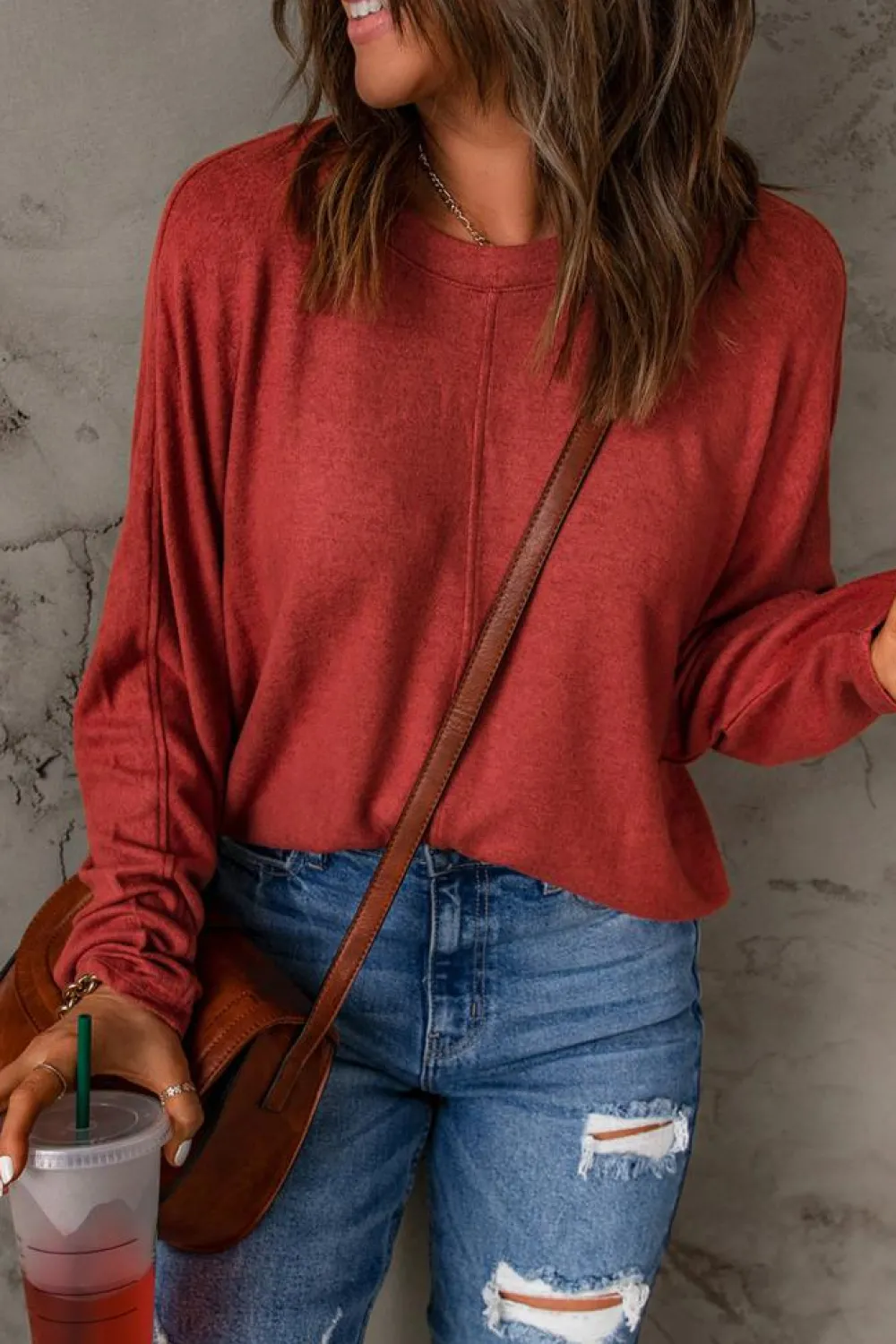 Hot Dear-Lover Solid Color Patchwork Long Sleeve Top Fiery Red