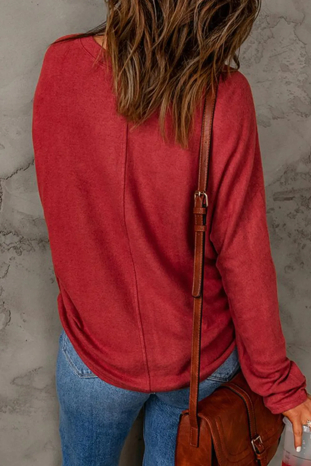 Hot Dear-Lover Solid Color Patchwork Long Sleeve Top Fiery Red