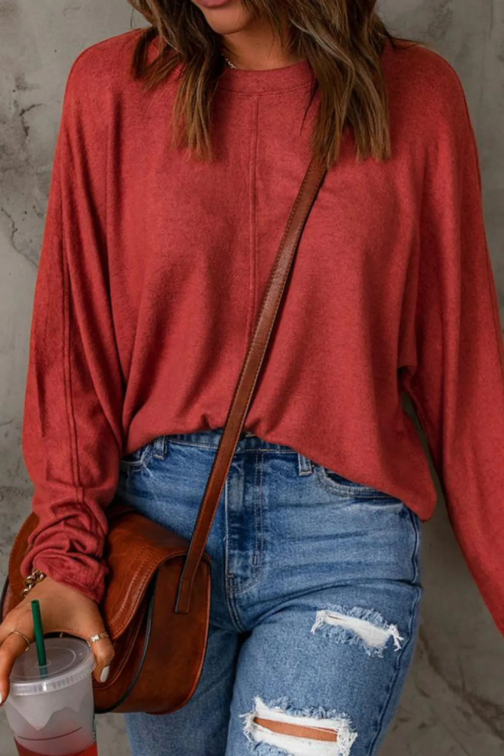 Hot Dear-Lover Solid Color Patchwork Long Sleeve Top Fiery Red