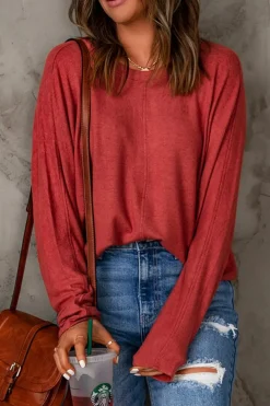 Hot Dear-Lover Solid Color Patchwork Long Sleeve Top Fiery Red