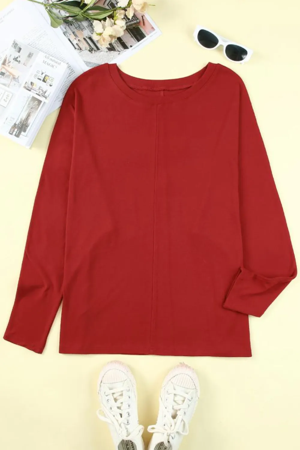 Hot Dear-Lover Solid Color Patchwork Long Sleeve Top Fiery Red