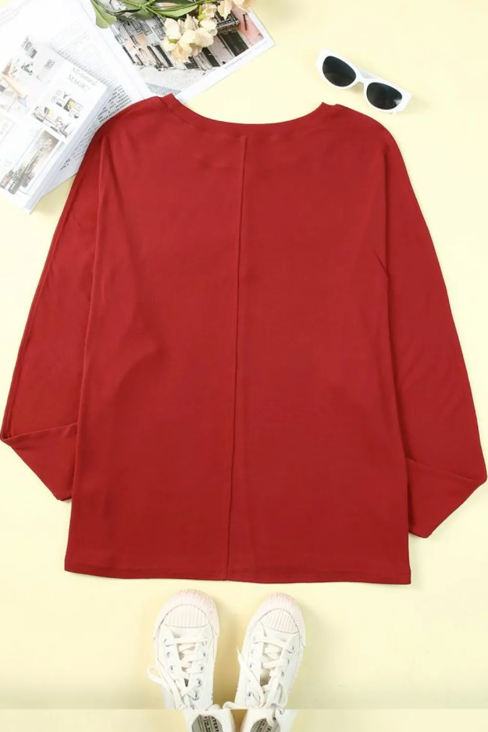Hot Dear-Lover Solid Color Patchwork Long Sleeve Top Fiery Red